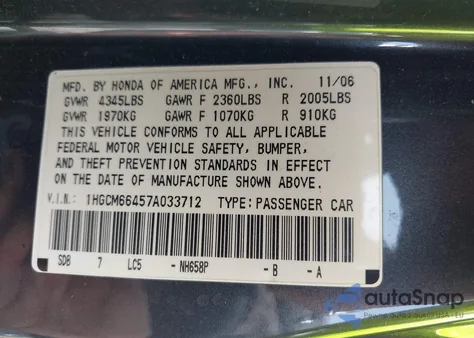2007 Honda Accord 3.0 Se from USA, damaged, VIN 1HGCM66457A033712